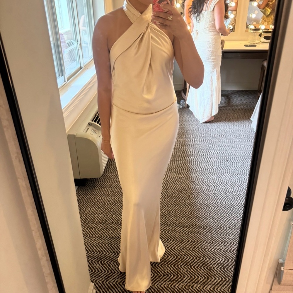 Meshki Laura Satin Gold Halter Neck Gown